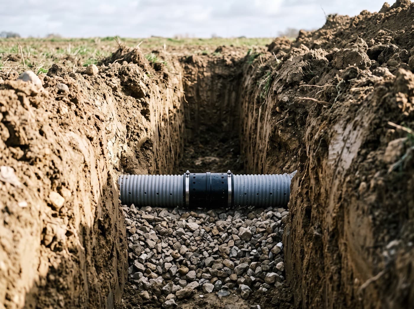 Pose d'un drain agricole sur lit de gravier, dans une tranchée ouverte sur une parcelle de la Vienne