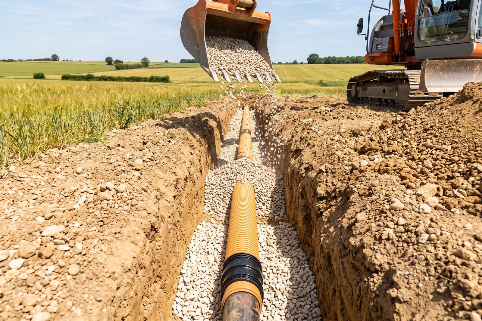 Drain colmaté sorti de terre, dépôt de terre fine à l'intérieur du tuyau