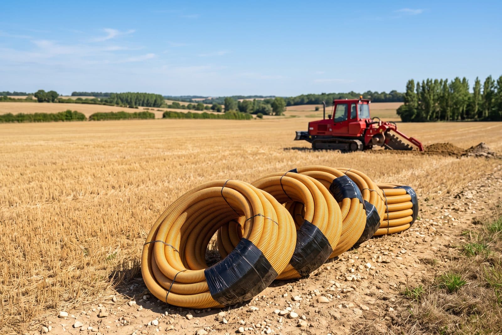 Sortie de drain qui se déverse dans un fossé de vallée en bord de parcelle