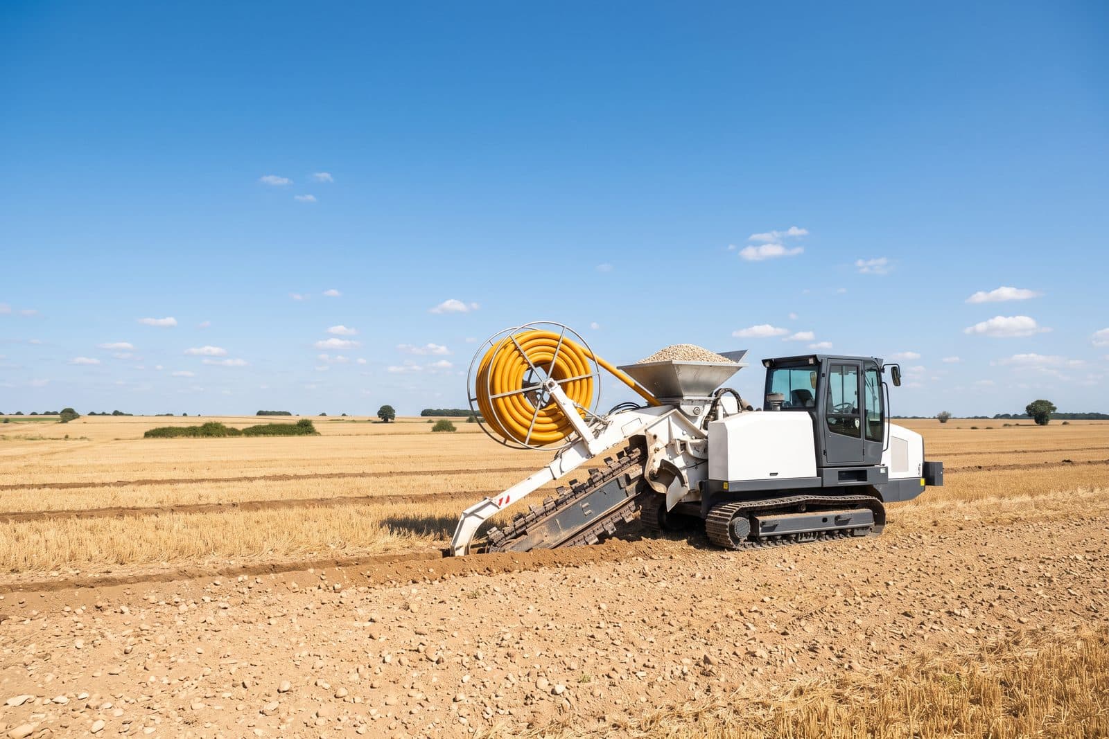 Pose d'un drain agricole annelé par une draineuse sur un plateau céréalier du Loudunais