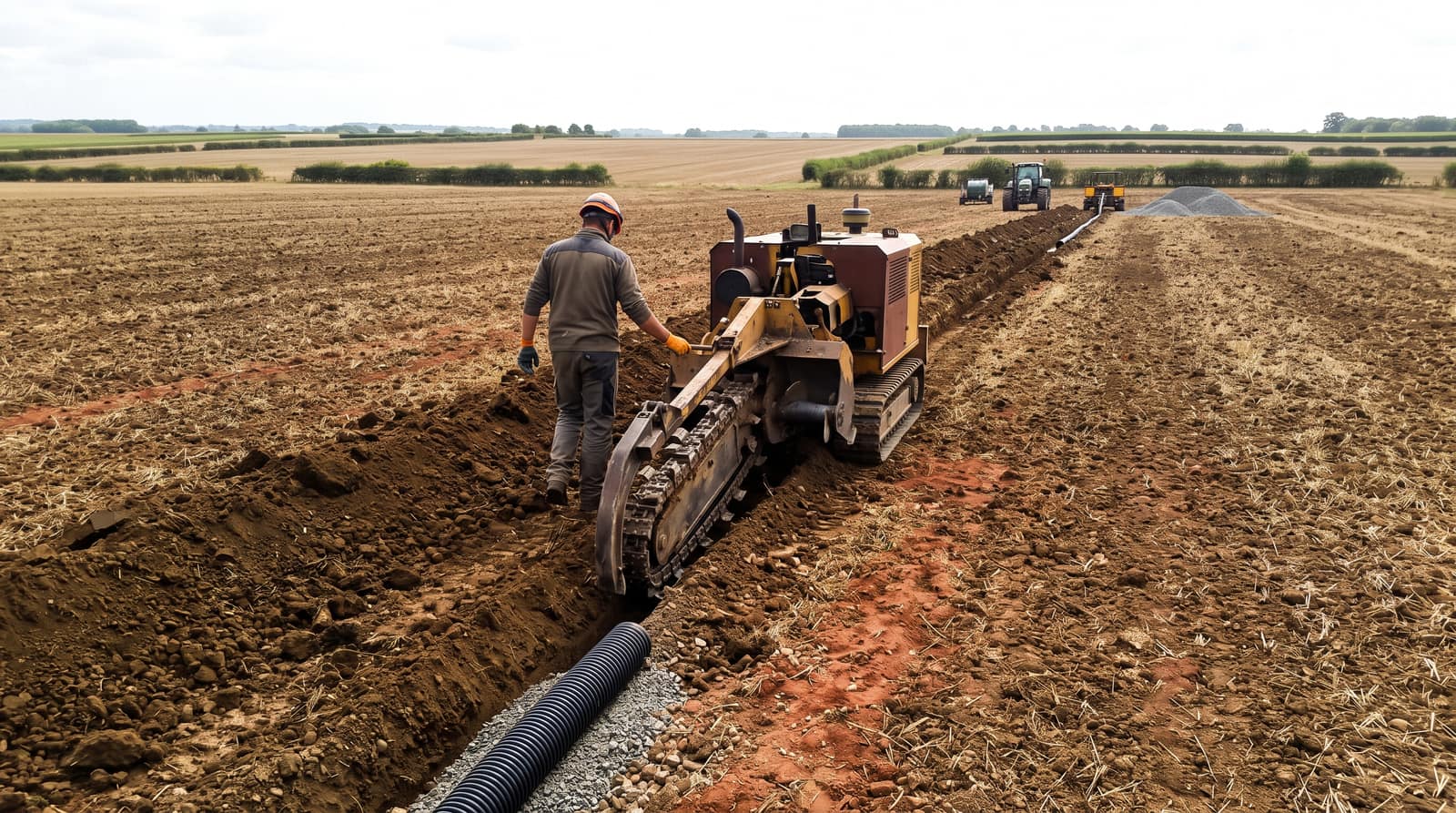 Engin de terrassement sur une parcelle agricole récoltée, chantier de drainage hors saison