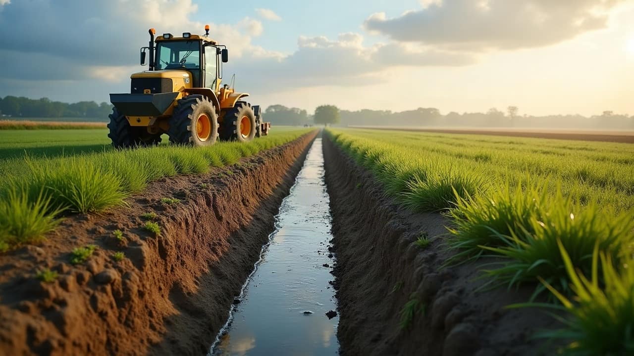 Tracé de drainage balisé sur une grande parcelle agricole avant chantier dans le nord du Poitou