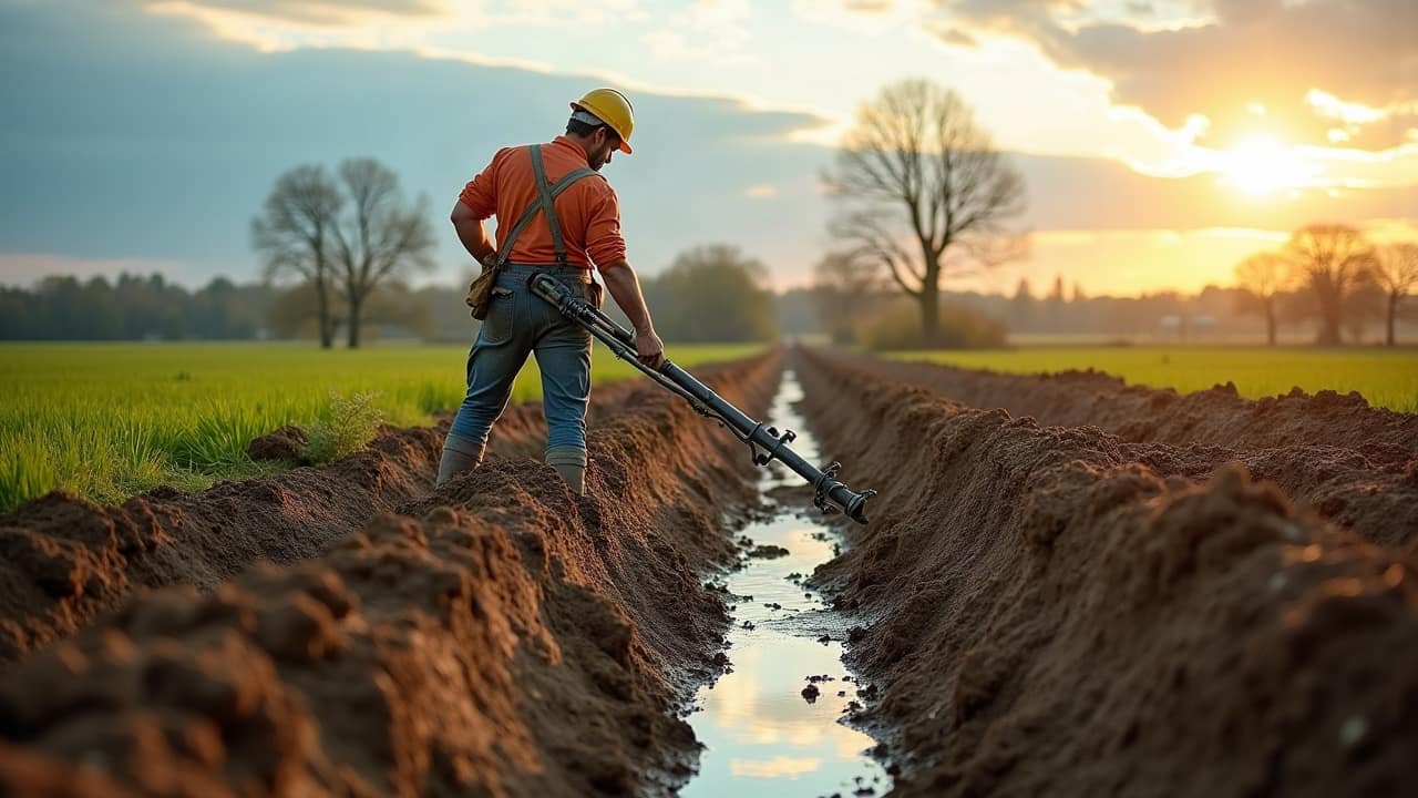 Chantier de drainage en cours entre deux cultures sur une parcelle du Poitou