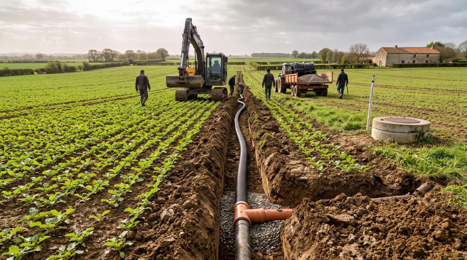 Rangée de jeunes plants de colza en phase de levée dans une parcelle du Poitou
