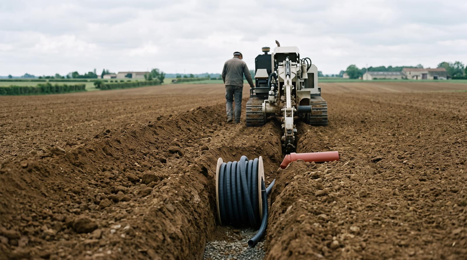Trancheuse agricole posant un drain enterré sur une parcelle de grandes cultures
