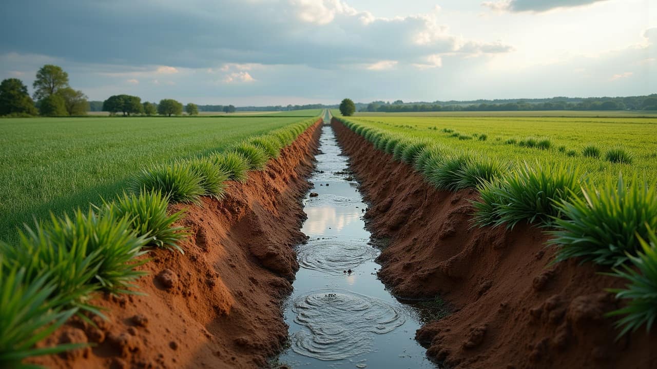 Fossé collecteur agricole en bordure de parcelle, secteur du Poitou