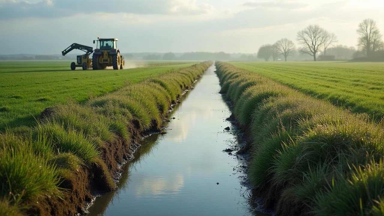 Fossé enherbé recevant l'eau de plusieurs sorties de drainage en bordure de parcelles cultivées de la Vienne