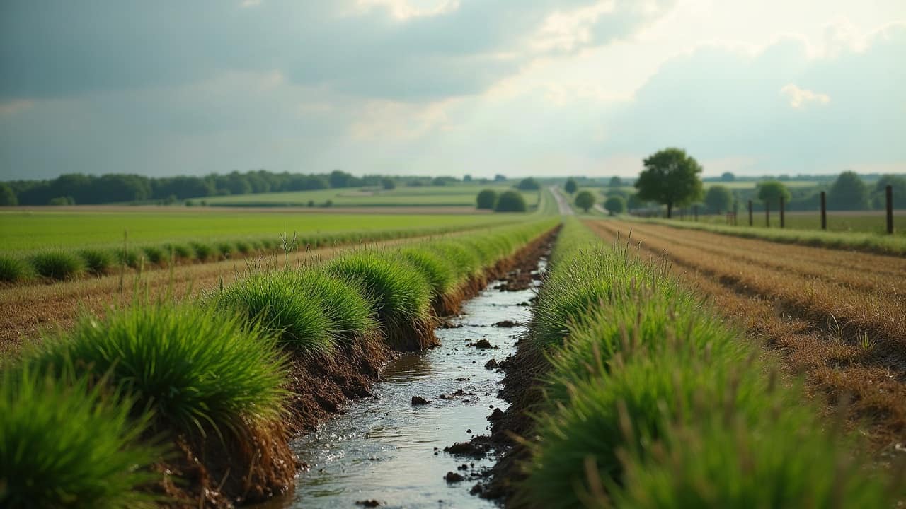 Regard d'exutoire d'un ancien réseau de drainage agricole avec écoulement réduit, campagne de la Vienne