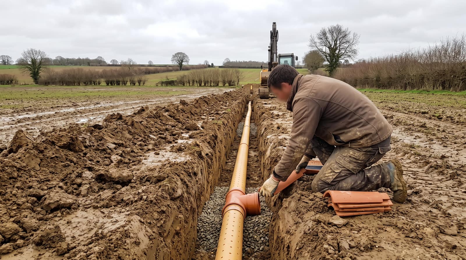Sol agricole détrempé après un épisode pluvieux prolongé, drainage nécessaire