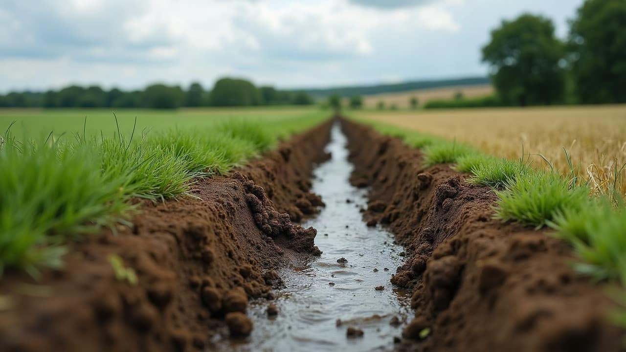 Point de raccordement d'un drain agricole sur un fossé en bordure de parcelle, secteur du Poitou