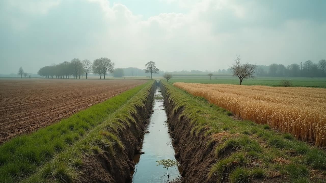 Gravier de protection déversé autour d'un drain agricole dans une tranchée ouverte, Vienne