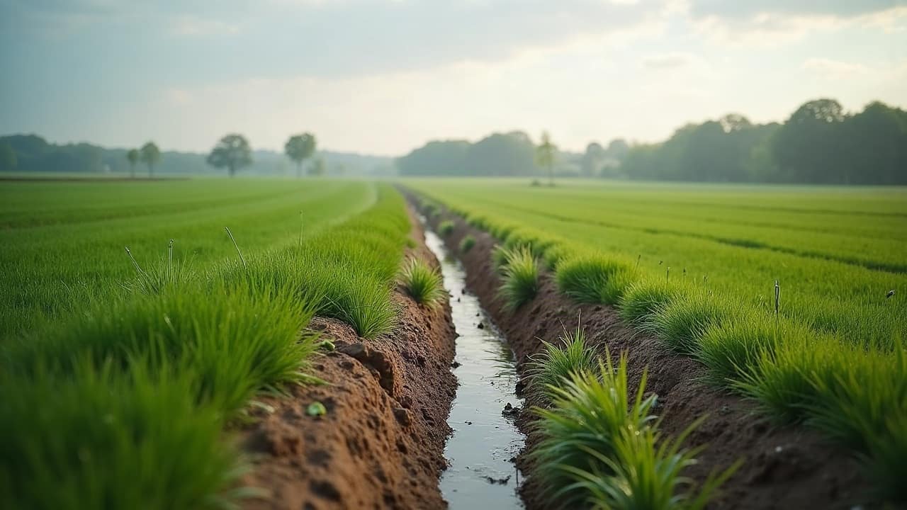 Pose de drain agricole entouré de matériau de protection adapté à la nature du sol dans le Poitou