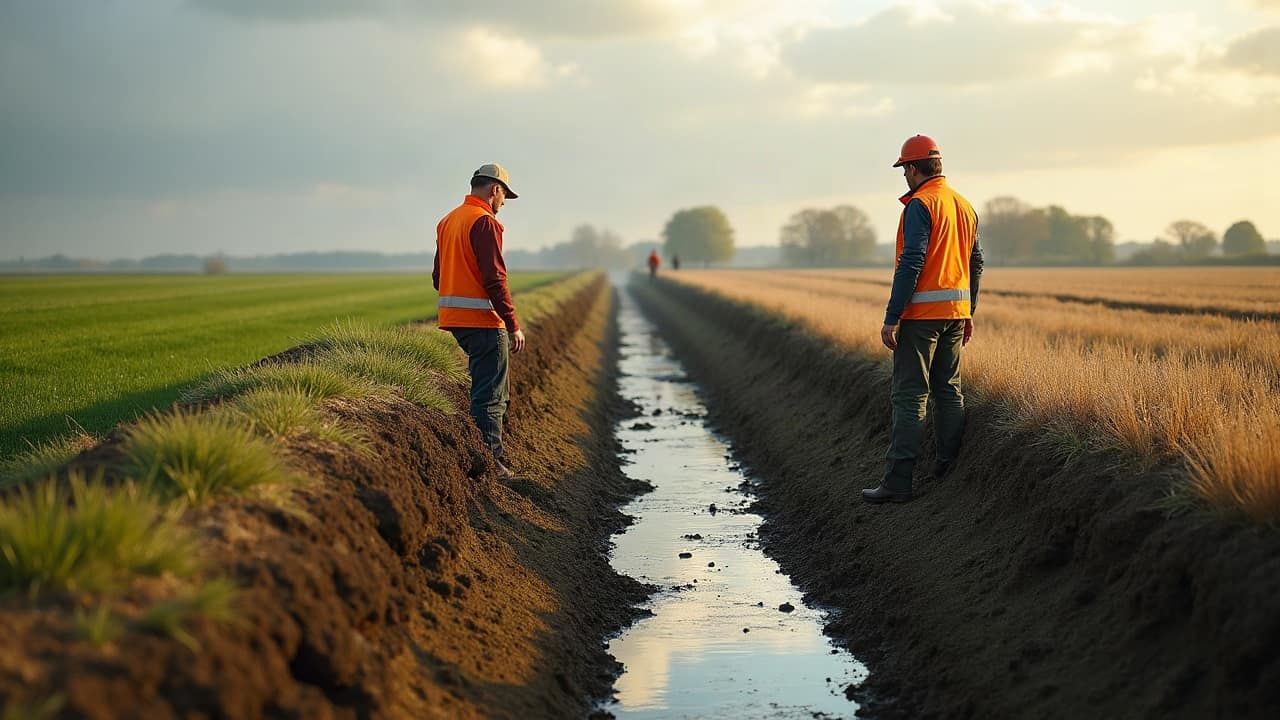 Exploitant et propriétaire foncier échangeant sur une parcelle agricole de la Vienne avant un projet de drainage