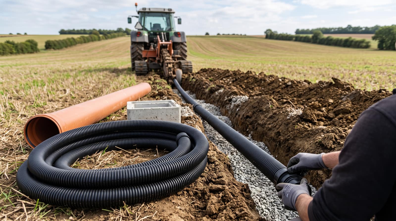 Drain agricole annelé et matériau de protection prêts avant la pose en tranchée