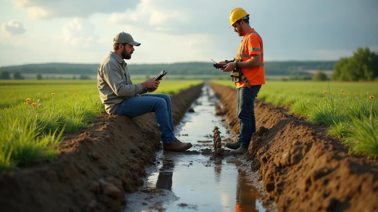 Exploitant agricole et responsable de chantier examinant un devis de drainage sur une parcelle du Poitou
