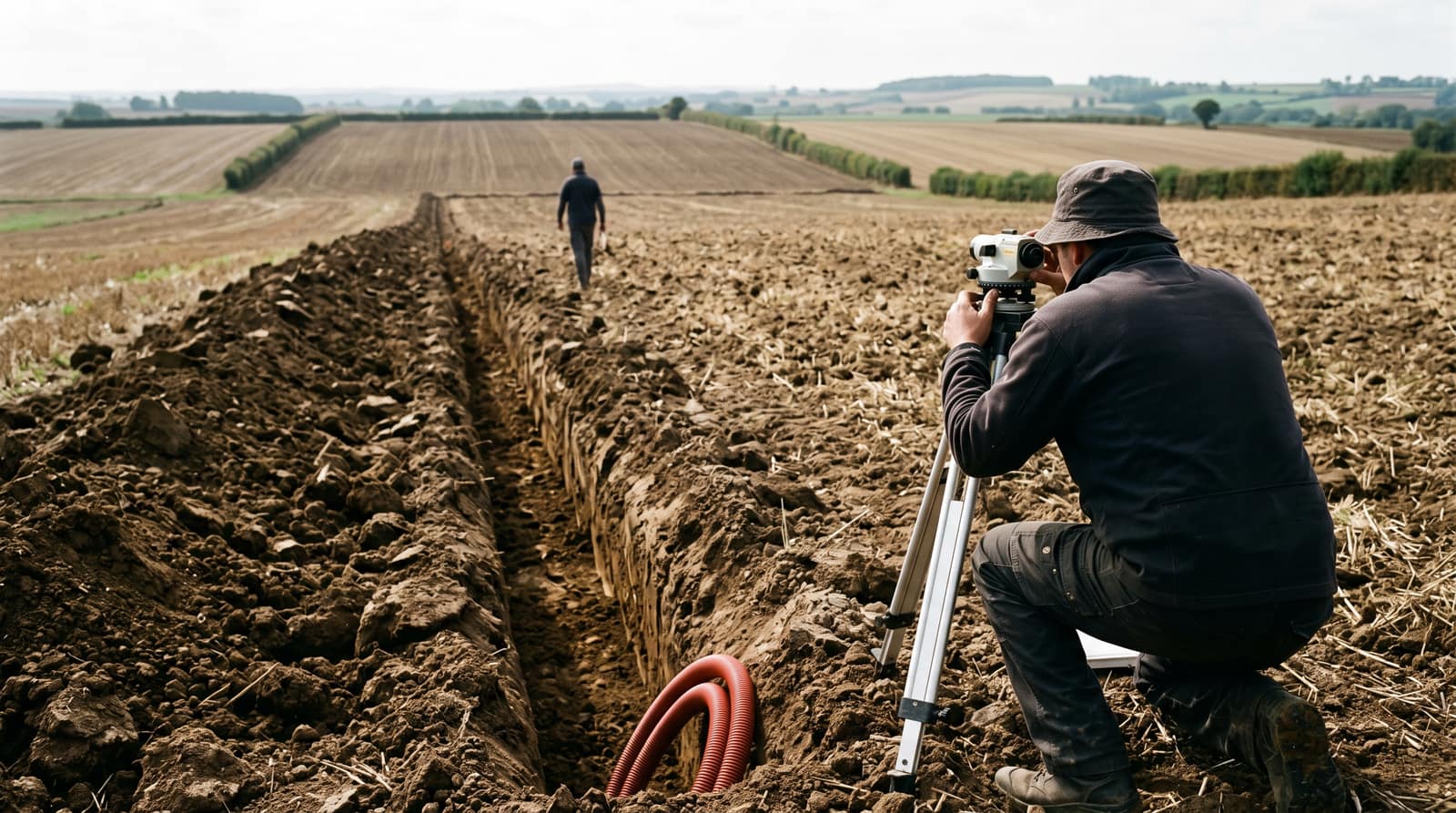 Relevé de terrain sur une parcelle agricole avant chiffrage d'un projet de drainage