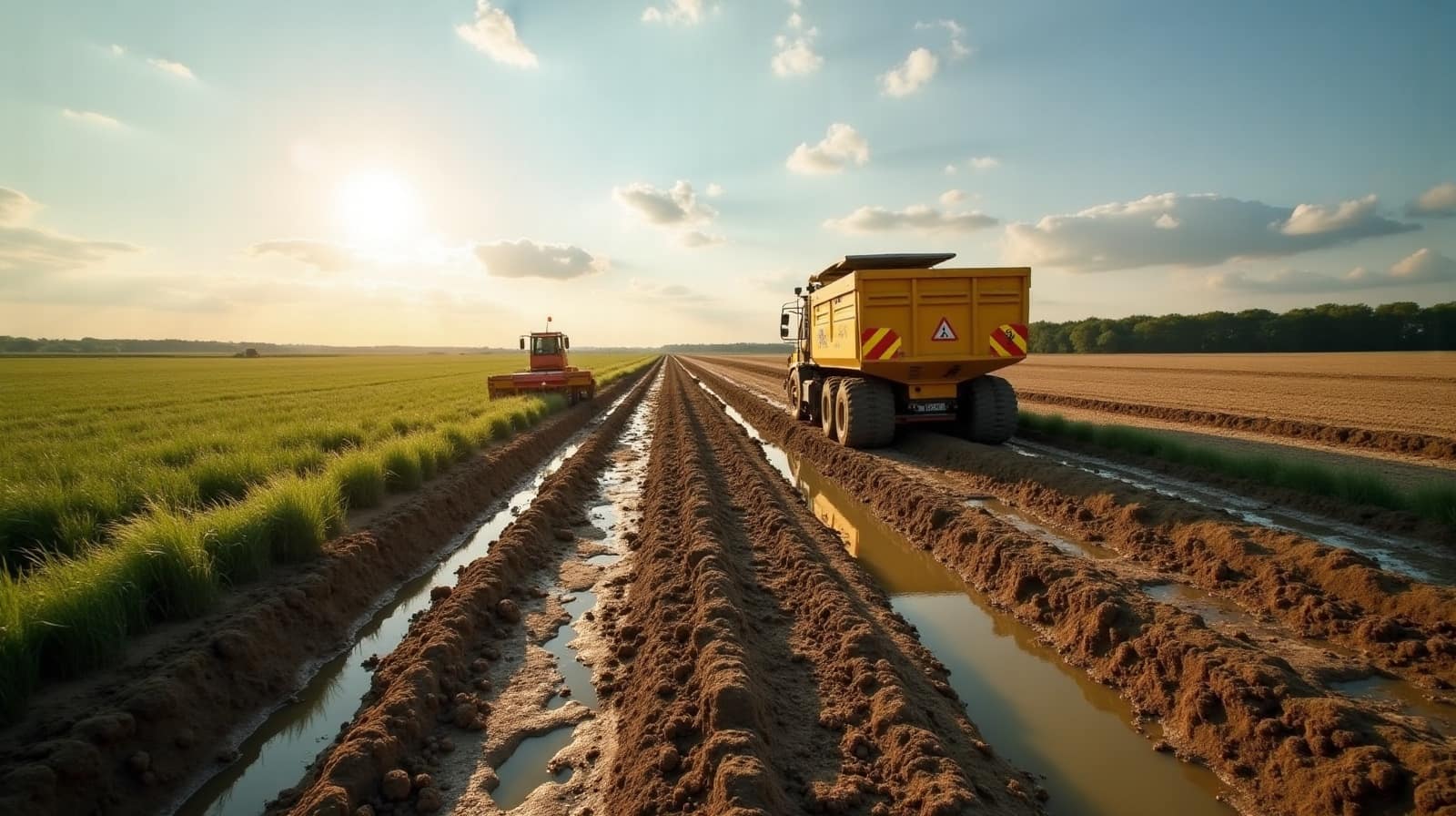 Piquets de nivellement alignés dans une parcelle agricole en cours de relevé topographique dans la Vienne