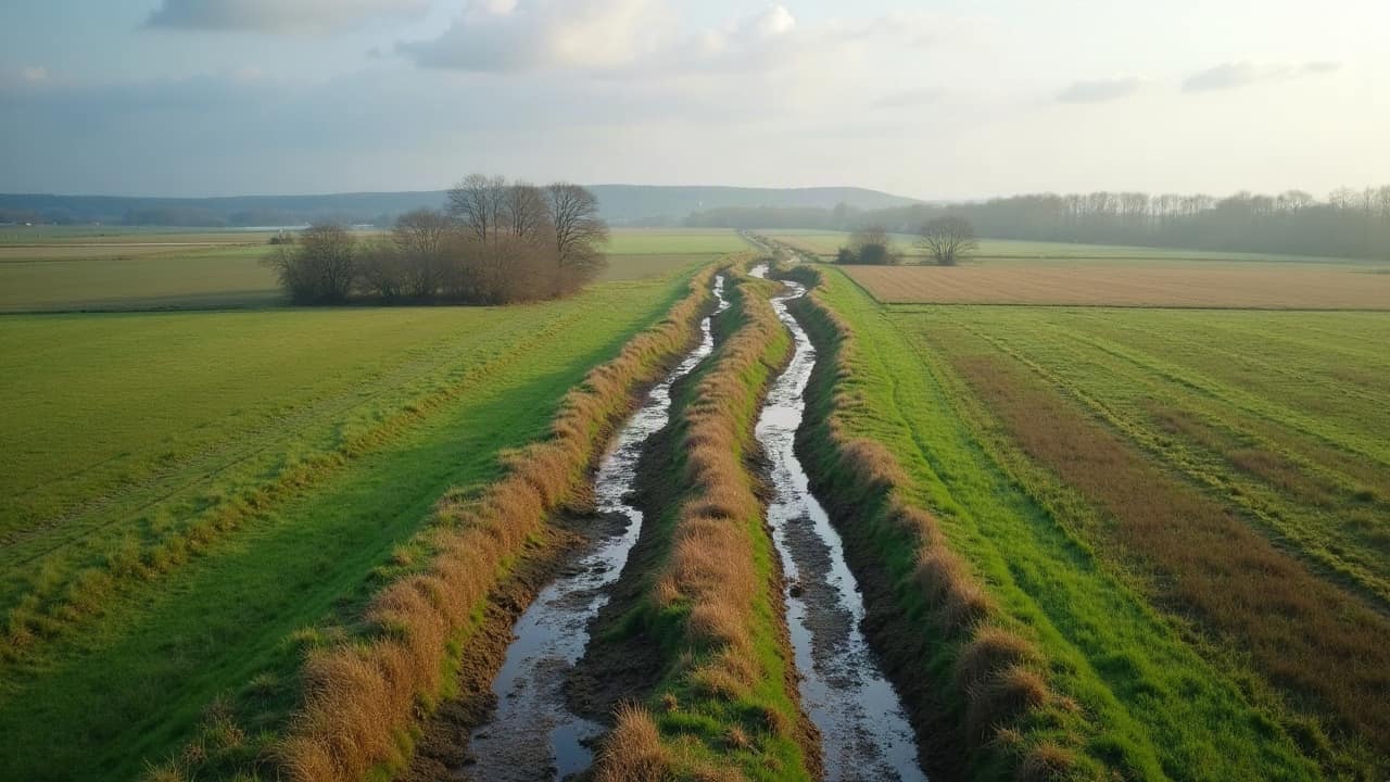 Tranchée de drainage remblayée en cours de stabilisation sur une parcelle du Poitou