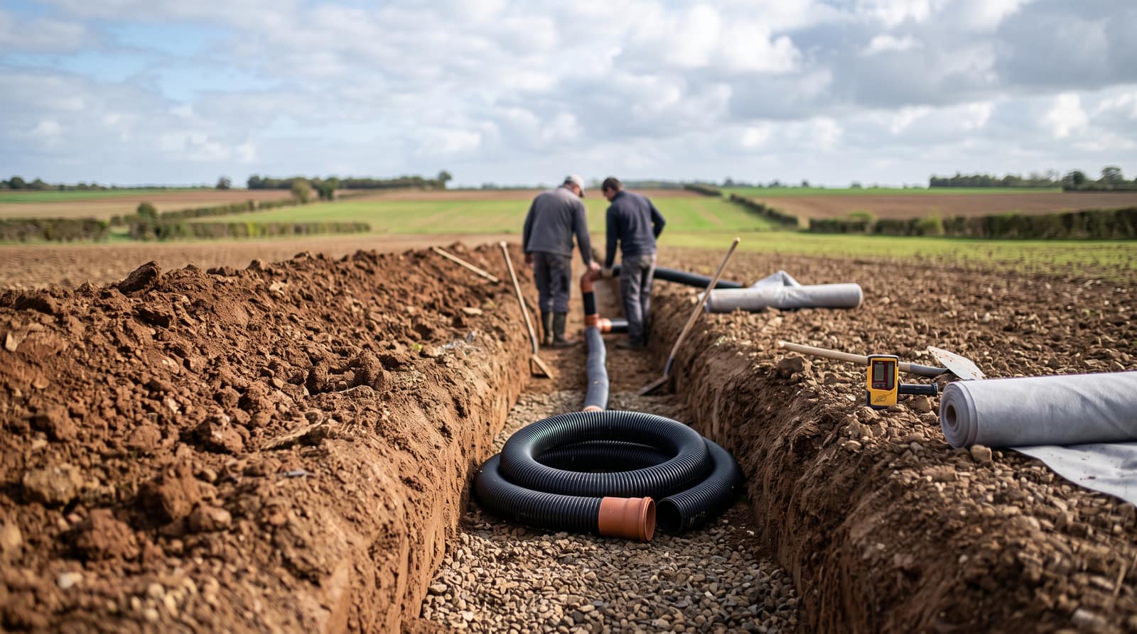 Fossé collecteur agricole entretenu, exutoire d'un réseau de drainage