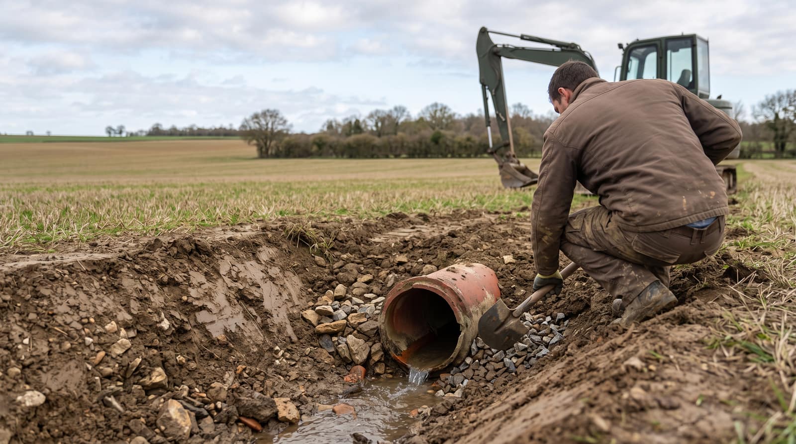 Écoulement faible à la sortie d'un ancien collecteur de drainage agricole
