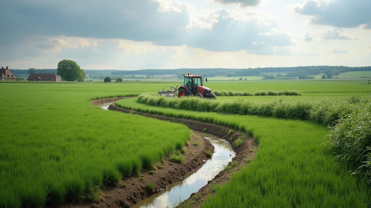 Terrasse cultivée de la vallée de la Vienne au nord du département, sol ressuyé et ripisylve de frênes et d'aulnes au loin