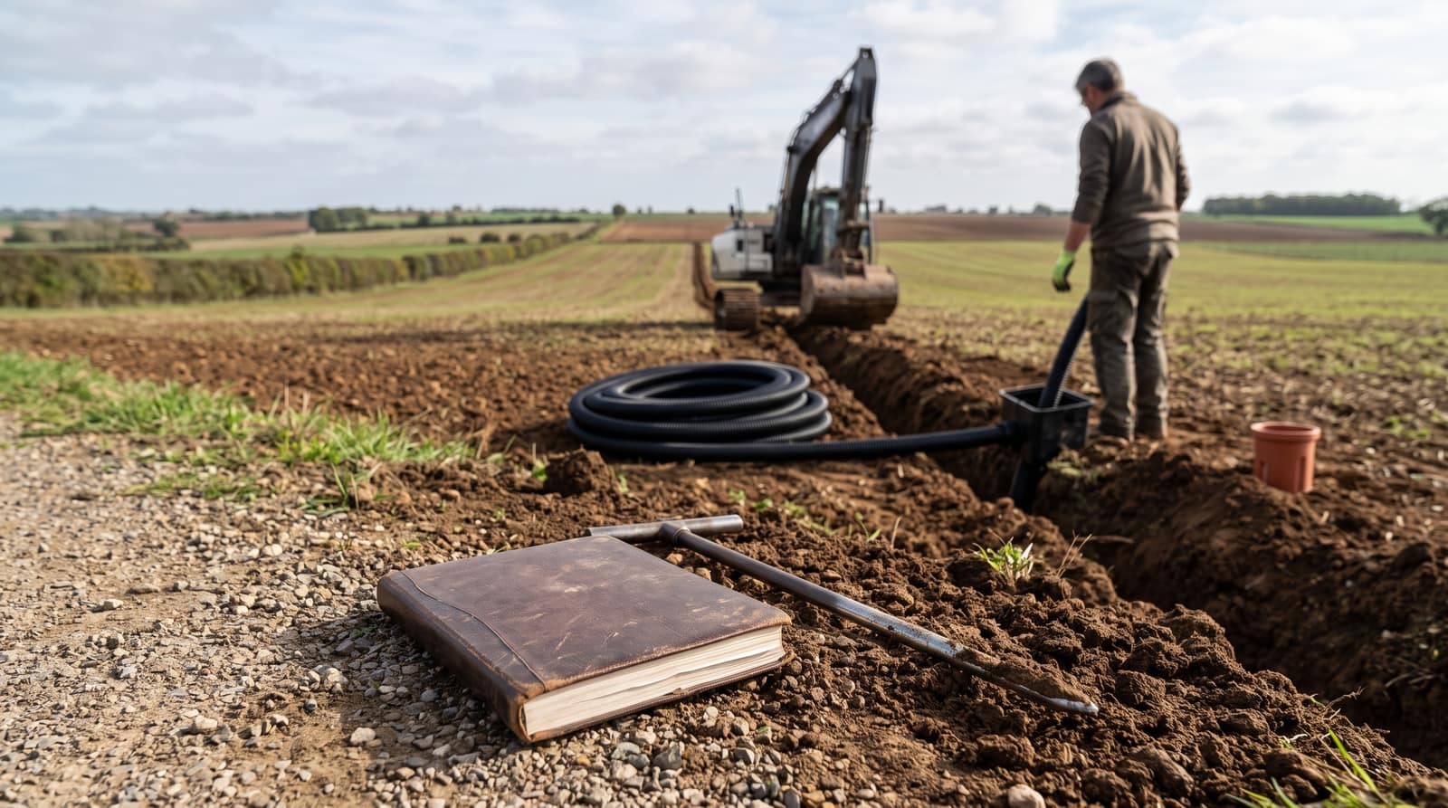 Carnet de terrain et sonde pédologique posés au bord d'une parcelle agricole